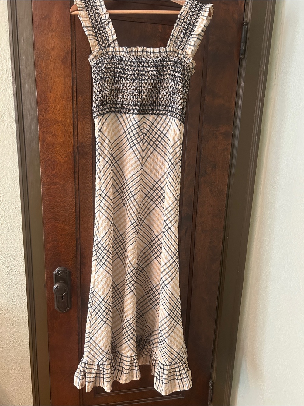 GANNI Smocked Sundress in Beige and Black Plaid